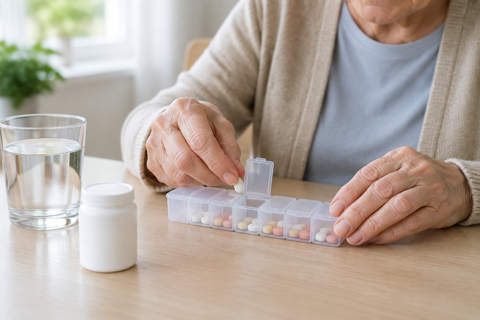 Eine ältere Person sortiert Tabletten in eine Wochen-Pillendose.